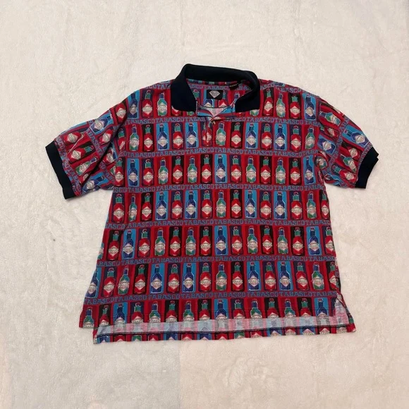 Vintage 90s Tabasco Brand Sportswear All-Over Print Polo Shirt Menβs L - Picture 1 of 9